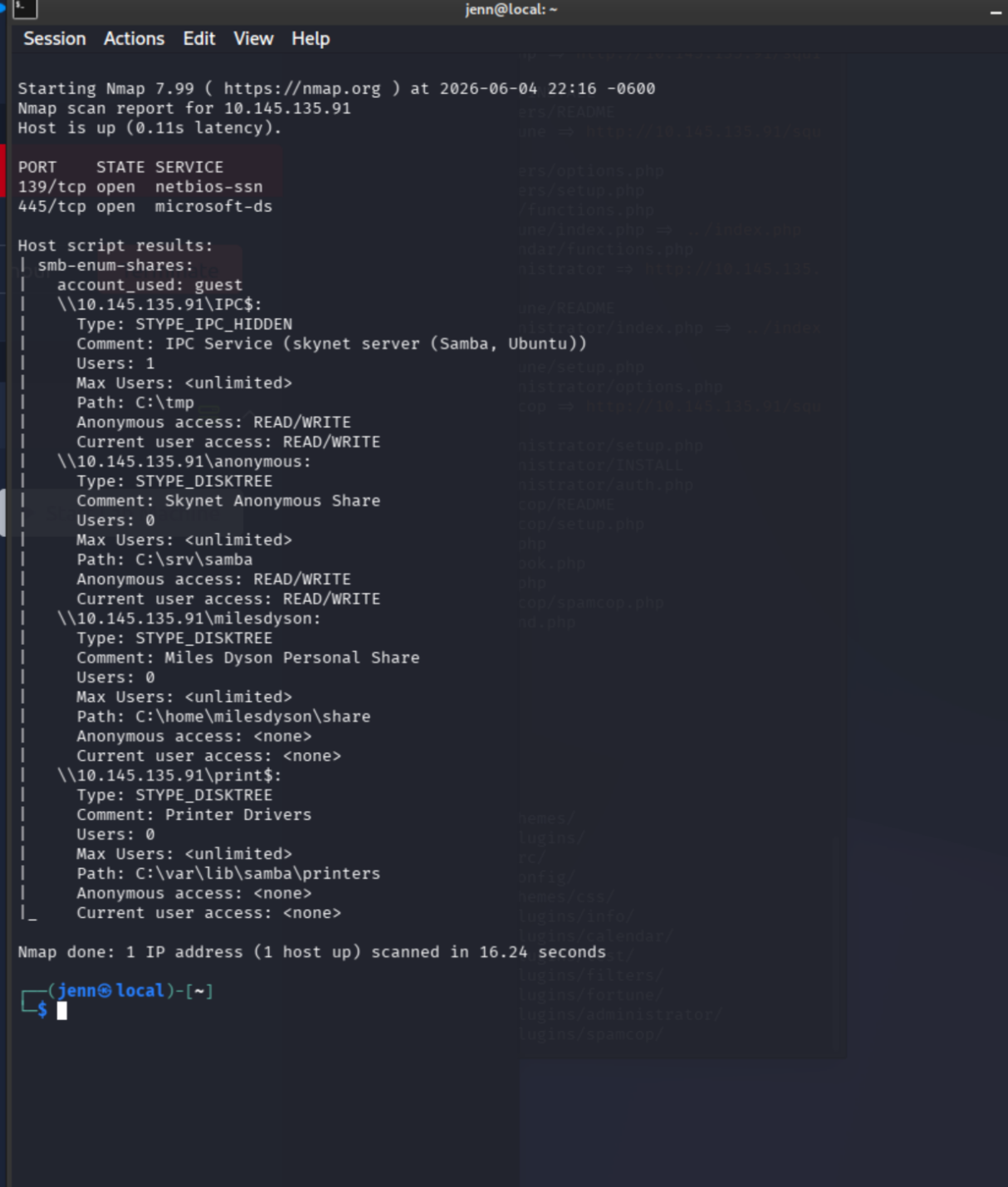 nmap SMB enumeration showing four shares including anonymous and milesdyson